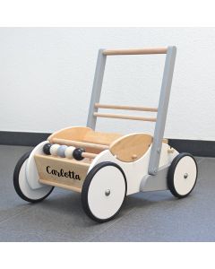 Lauflernwagen aus Holz mit Bremse personalisierbar grau